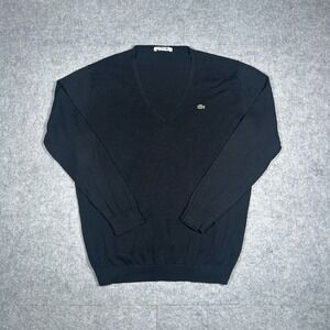 Lacoste Sweater Mens 46 large Black V Neck Cotton Pullover Classic Preppy Casual